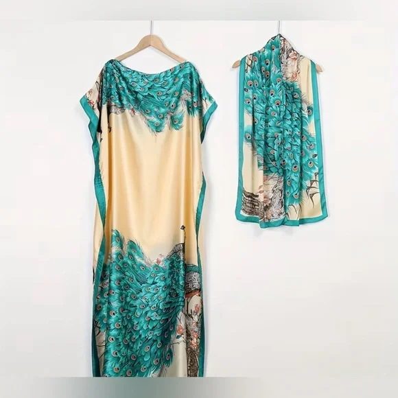 Flowy Flattering Peacock Print Maxi Silk-Poly Blend Maxi w/ Marching Scarf (Set) - Picture 2 of 4